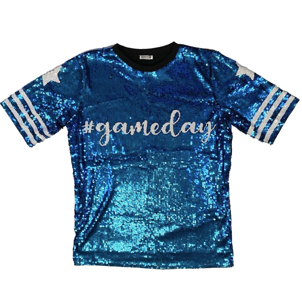 Why Dress Women Game day Glam Sequin T-Shirt Mini Dress Size O/S Blue White NWT